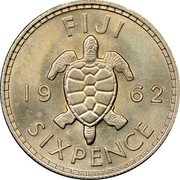 Fiji Sixpence Elizabeth II. Sea Turtle 1962 KM# 19 FIJI 19 53 SIXPENCE coin reverse Fiji Sixpence Elizabeth II. Sea Turtle 1962 KM# 19 FIJI 19 53 SIXPENCE coin reverse