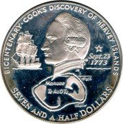 Cook Islands Seven and a Half Dollars 200th Anniversary of the discovery of the Hervey islands 1973 KM# 10 BICENTENARY COOK'S DISCOVERY OF HERVEY ISLANDS SEPT.23 1773 MANUAE TE AU O TU SEVEN AND A HALF DOLLARS coin reverse Cook Islands Seven and a Half Dollars 200th Anniversary of the discovery of the Hervey islands 1973 KM# 10 BICENTENARY COOK'S DISCOVERY OF HERVEY ISLANDS SEPT.23 1773 MANUAE TE AU O TU SEVEN AND A HALF DOLLARS coin reverse