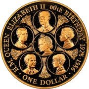 Cook Islands Dollar 60th Birthday of Queen Elizabeth 1986 Proof KM# 31b H.M. QUEEN ELIZABETH II 60TH BIRTHDAY 1926-1986 ONE DOLLAR coin reverse Cook Islands Dollar 60th Birthday of Queen Elizabeth 1986 Proof KM# 31b H.M. QUEEN ELIZABETH II 60TH BIRTHDAY 1926-1986 ONE DOLLAR coin reverse