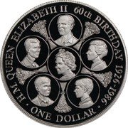 Cook Islands Dollar 60th Birthday of Queen Elizabeth II 1986 Proof KM# 31a H.M. QUEEN ELIZABETH II 60TH BIRTHDAY 1926-1986 ONE DOLLAR coin reverse Cook Islands Dollar 60th Birthday of Queen Elizabeth II 1986 Proof KM# 31a H.M. QUEEN ELIZABETH II 60TH BIRTHDAY 1926-1986 ONE DOLLAR coin reverse