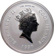 Cook Islands One Dollar Princess Diana 1997 Proof KM# 308.1 ELIZABETH II 1 OZ SILVER 999 COOK ISLANDS RDM 1997 coin obverse Cook Islands One Dollar Princess Diana 1997 Proof KM# 308.1 ELIZABETH II 1 OZ SILVER 999 COOK ISLANDS RDM 1997 coin obverse