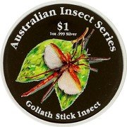 Cook Islands Dollar Elizabeth II Goliath Stick Insect 2000 Proof KM# 1104 AUSTRALIAN INSECT SERIES $1 1OZ .999 SILVER GOLIATH STICK INSECT coin reverse Cook Islands Dollar Elizabeth II Goliath Stick Insect 2000 Proof KM# 1104 AUSTRALIAN INSECT SERIES $1 1OZ .999 SILVER GOLIATH STICK INSECT coin reverse
