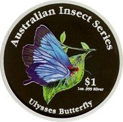 Cook Islands Dollar Ulysses Butterfly 2000 Proof KM# 1103 AUSTRALIAN INSECT SERIES $1 1OZ .999 SILVER ULYSSES BUTTERFLY coin reverse Cook Islands Dollar Ulysses Butterfly 2000 Proof KM# 1103 AUSTRALIAN INSECT SERIES $1 1OZ .999 SILVER ULYSSES BUTTERFLY coin reverse