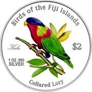 Fiji Two Dollars Collared Lory 2008 Prooflike KM# 116 COLLARED LORY BIRDS OF THE FIJI ISLANDS $2 1 OZ .999 SILVER KULU coin reverse Fiji Two Dollars Collared Lory 2008 Prooflike KM# 116 COLLARED LORY BIRDS OF THE FIJI ISLANDS $2 1 OZ .999 SILVER KULU coin reverse