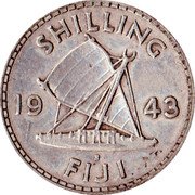 Fiji Shilling Outrigger 1943 S KM# 12a SHILLING 19 43 S FIJI coin reverse Fiji Shilling Outrigger 1943 S KM# 12a SHILLING 19 43 S FIJI coin reverse