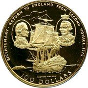 Cook Islands 100 Dollars 200th Anniversary Captain Cook return to England 1975 FM Proof KM# 13 BICENTENARY RETURN TO ENGLAND FROM SECOND VOYAGE, 1775 900/1000 FINE GOLD 100 DOLLARS JB FM coin reverse Cook Islands 100 Dollars 200th Anniversary Captain Cook return to England 1975 FM Proof KM# 13 BICENTENARY RETURN TO ENGLAND FROM SECOND VOYAGE, 1775 900/1000 FINE GOLD 100 DOLLARS JB FM coin reverse