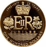 Cook Islands One Hundred Dollars 25th Anniversary of Queen Elizabeth II 1977 FM Proof KM# 19 1952-1977 25 YEARS EIIR JUBILEE JD 900/1000 FINE GOLD ONE HUNDRED DOLLARS coin reverse Cook Islands One Hundred Dollars 25th Anniversary of Queen Elizabeth II 1977 FM Proof KM# 19 1952-1977 25 YEARS EIIR JUBILEE JD 900/1000 FINE GOLD ONE HUNDRED DOLLARS coin reverse