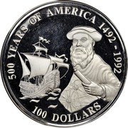 Cook Islands 100 Dollars Portuguese explorer Ferdinand Magellan 1990 Proof KM# 113 500 YEARS OF AMERICA 1492-1992 100 DOLLARS coin reverse