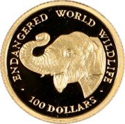 Cook Islands 100 Dollars Elephant 1990 Prooflike KM# 76 ENDANGERED WORLD WILDLIFE 100 DOLLARS coin reverse