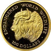 Cook Islands 100 Dollars Bison 1990 Prooflike KM# 75 ENDANGERED WORLD WILDLIFE 100 DOLLARS coin reverse