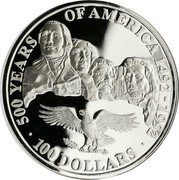Cook Islands 100 Dollars Mount Rushmore National Memorial 1991 Proof KM# 319 500 YEARS OF AMERICA 1492-1992 100 DOLLARS coin reverse