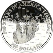 Cook Islands 100 Dollars Elizabeth II Sailing Ship in New York 1993 Proof KM# 159 500 YEARS OF AMERICA 1492-1992 100 DOLLARS coin reverse