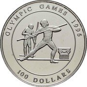 Cook Islands 100 Dollars Elizabeth II Javelin 1995 Proof KM# 250 OLYMPIC GAMES 1996 100 DOLLARS coin reverse Cook Islands 100 Dollars Elizabeth II Javelin 1995 Proof KM# 250 OLYMPIC GAMES 1996 100 DOLLARS coin reverse