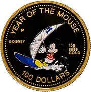 Cook Islands 100 Dollars Elizabeth II Mickey Mouse 1996 Proof KM# 300 YEAR OF THE MOUSE © DISNEY 15G 9999 GOLD P 100 DOLLARS coin reverse Cook Islands 100 Dollars Elizabeth II Mickey Mouse 1996 Proof KM# 300 YEAR OF THE MOUSE © DISNEY 15G 9999 GOLD P 100 DOLLARS coin reverse