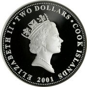 Cook Islands Two Dollars Black-Faced Spoonbill 2001 Proof KM# 552 ELIZABETH II TWO DOLLARS COOK ISLANDS RDM 2001 coin obverse Cook Islands Two Dollars Black-Faced Spoonbill 2001 Proof KM# 552 ELIZABETH II TWO DOLLARS COOK ISLANDS RDM 2001 coin obverse