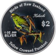 Cook Islands Two Dollars Yellow Crowned Parakeet 2005 Prooflike KM# 539 BIRDS OF NEW ZEALAND KAKARIKI $2 1 OZ .999 SILVER YELLOW CROWNED PARAKEET coin reverse