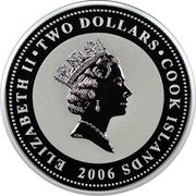 Cook Islands Two Dollars Bugatti Type 57 Atlantic 2006 Prooflike KM# 525 ELIZABETH II TWO DOLLARS COOK ISLANDS RDM 2006 coin obverse Cook Islands Two Dollars Bugatti Type 57 Atlantic 2006 Prooflike KM# 525 ELIZABETH II TWO DOLLARS COOK ISLANDS RDM 2006 coin obverse