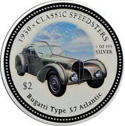 Cook Islands Two Dollars Bugatti Type 57 Atlantic 2006 Prooflike KM# 525 1930'3 CLASSIC SPEEDSTERS 1 OZ 999 SILVER $2 BUGATTI TYPE 57 ATLANTIC coin reverse Cook Islands Two Dollars Bugatti Type 57 Atlantic 2006 Prooflike KM# 525 1930'3 CLASSIC SPEEDSTERS 1 OZ 999 SILVER $2 BUGATTI TYPE 57 ATLANTIC coin reverse