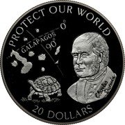 Cook Islands 20 Dollars Elizabeth II Galapagos 1993 Proof KM# 152 PROTECT OUR WORLD 0 GALAPAGOS 90 CHARLES DARWIN 20 DOLLARS coin reverse Cook Islands 20 Dollars Elizabeth II Galapagos 1993 Proof KM# 152 PROTECT OUR WORLD 0 GALAPAGOS 90 CHARLES DARWIN 20 DOLLARS coin reverse