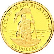 Cook Islands 20 Dollars Columbus Kneeling With Flag 1995 KM# 236 500 YEARS OF AMERICA 1492-1992 20 DOLLARS coin reverse Cook Islands 20 Dollars Columbus Kneeling With Flag 1995 KM# 236 500 YEARS OF AMERICA 1492-1992 20 DOLLARS coin reverse