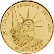 Cook Islands 20 Dollars Elizabeth II Statue of Liberty 1995 KM# 257 500 YEARS OF AMERICA 1492-1992 20 DOLLARS coin reverse Cook Islands 20 Dollars Elizabeth II Statue of Liberty 1995 KM# 257 500 YEARS OF AMERICA 1492-1992 20 DOLLARS coin reverse