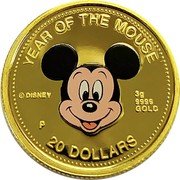 Cook Islands 20 Dollars Year of the Mouse 1996 Proof KM# 298 YEAR OF THE MOUSE © DISNEY 3G 9999 GOLD P 20 DOLLARS coin reverse Cook Islands 20 Dollars Year of the Mouse 1996 Proof KM# 298 YEAR OF THE MOUSE © DISNEY 3G 9999 GOLD P 20 DOLLARS coin reverse
