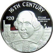 Cook Islands 20 Dollars 16th Century. William Shakespeare 1997 Proof KM# 897 16TH CENTURY $20 WILLIAM SHAKESPEARE 1564-1616 FM coin reverse Cook Islands 20 Dollars 16th Century. William Shakespeare 1997 Proof KM# 897 16TH CENTURY $20 WILLIAM SHAKESPEARE 1564-1616 FM coin reverse