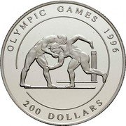 Cook Islands 200 Dollars XXVI Summer Olympic Games. Wrestling 1995 Proof KM# 251 OLYMPIC GAMES 1996 200 DOLLARS coin reverse Cook Islands 200 Dollars XXVI Summer Olympic Games. Wrestling 1995 Proof KM# 251 OLYMPIC GAMES 1996 200 DOLLARS coin reverse