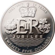 Cook Islands Twenty Five Dollars 25th Anniversary of Queen Elizabeth 1977 FM Proof KM# 18 1952-1977 25 YEARS E II R JUBILEE JB FM TWENTY FIVE DOLLARS coin reverse Cook Islands Twenty Five Dollars 25th Anniversary of Queen Elizabeth 1977 FM Proof KM# 18 1952-1977 25 YEARS E II R JUBILEE JB FM TWENTY FIVE DOLLARS coin reverse