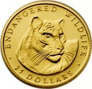 Cook Islands 25 Dollars Tiger 1990 Proof KM# 85 ENDANGERED WILDLIFE 25 DOLLARS coin reverse Cook Islands 25 Dollars Tiger 1990 Proof KM# 85 ENDANGERED WILDLIFE 25 DOLLARS coin reverse
