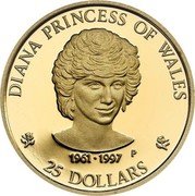 Cook Islands 25 Dollars Death of Princess Diana 1997 Proof KM# 474 DIANA PRINCESS OF WALES 1961-1997 P 25 DOLLARS coin reverse Cook Islands 25 Dollars Death of Princess Diana 1997 Proof KM# 474 DIANA PRINCESS OF WALES 1961-1997 P 25 DOLLARS coin reverse