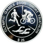 Cook Islands 25 Dollars 2000 Summer Olympics. Sydney 1998 Proof KM# 932 OLYMPIG GAMES 2000 SHORT TRIATHLON $25 coin reverse Cook Islands 25 Dollars 2000 Summer Olympics. Sydney 1998 Proof KM# 932 OLYMPIG GAMES 2000 SHORT TRIATHLON $25 coin reverse