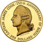 Cook Islands 250 Dollars 250th Anniversary of the Birth of James Cook 1978 FM Proof KM# 23 CAPTAIN JAMES COOK 250TH ANNIVERSARY OF BIRTH 900/1000 FINE GOLD 250 DOLLARS coin reverse Cook Islands 250 Dollars 250th Anniversary of the Birth of James Cook 1978 FM Proof KM# 23 CAPTAIN JAMES COOK 250TH ANNIVERSARY OF BIRTH 900/1000 FINE GOLD 250 DOLLARS coin reverse