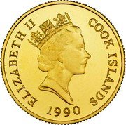 Cook Islands 250 Dollars Hernando de Soto. 500th Anniversary of the Discovery of America 1990 Proof KM# 814 ELIZABETH II COOK ISLANDS 1990 coin obverse Cook Islands 250 Dollars Hernando de Soto. 500th Anniversary of the Discovery of America 1990 Proof KM# 814 ELIZABETH II COOK ISLANDS 1990 coin obverse