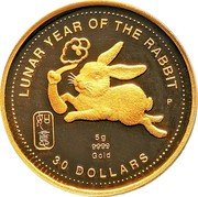 Cook Islands 30 Dollars Year of The Rabbit 1999 Proof KM# 1094 LUNAR YEAR OF THE RABBIT P 5G 9999 GOLD 30 DOLLARS coin reverse Cook Islands 30 Dollars Year of The Rabbit 1999 Proof KM# 1094 LUNAR YEAR OF THE RABBIT P 5G 9999 GOLD 30 DOLLARS coin reverse