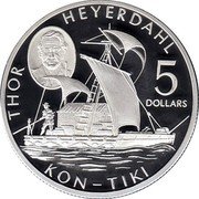 Cook Islands 5 Dollars Kon Tiki and Thor Heyerdahl 2002 Proof KM# 1122 THOR HEYERDAHL 5 DOLLARS KON TIKI coin reverse