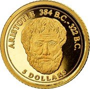 Cook Islands 5 Dollars Elizabeth II Aristotle 2008 Proof KM# 1526 ARISTOTLE 384 B.C 322 B.C. 5 DOLLARS coin reverse Cook Islands 5 Dollars Elizabeth II Aristotle 2008 Proof KM# 1526 ARISTOTLE 384 B.C 322 B.C. 5 DOLLARS coin reverse