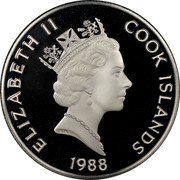 Cook Islands 50 Dollars Norwegian polar explorer Roald Amundsen 1988 FM (P) Proof KM# 110 ELIZABETH II COOK ISLANDS RDM 1988 coin obverse