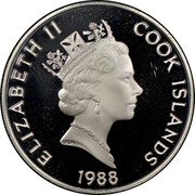 Cook Islands 50 Dollars French navigator Samuel de Champlain 1988 FM (P) Proof KM# 104 ELIZABETH II COOK ISLANDS RDM 1988 coin obverse