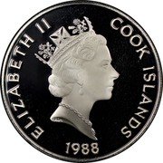 Cook Islands 50 Dollars Spanish conquistador Francisco Pizarro 1988 FM (P) Proof KM# 103 ELIZABETH II COOK ISLANDS RDM 1988 coin obverse