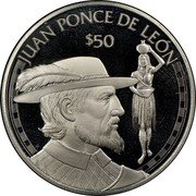 Cook Islands 50 Dollars Spanish explorer Juan Ponce de Leon 1988 FM (P) Proof KM# 100 JUAN PONCE DE LÉON $50 FM coin reverse