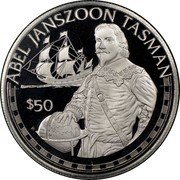 Cook Islands 50 Dollars Dutch explorer Abel Janszoon Tasman 1988 FM (P) Proof KM# 106 ABEL JANSZOON TASMAN $50 FM coin reverse