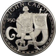 Cook Islands 50 Dollars Venetian navigator John Cabot 1988 FM (P) Proof KM# 105 JOHN CABOT $50 FM coin reverse