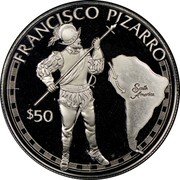 Cook Islands 50 Dollars Spanish conquistador Francisco Pizarro 1988 FM (P) Proof KM# 103 FRANCISCO PIZARRO SOUTH AMERICA $50 FM coin reverse