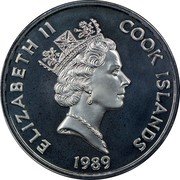 Cook Islands 50 Dollars Italian explorer Columbus and his Ship the Santa Maria 1989 Proof. KM# 47 ELIZABETH II COOK ISLANDS 1989 coin obverse Cook Islands 50 Dollars Italian explorer Columbus and his Ship the Santa Maria 1989 Proof. KM# 47 ELIZABETH II COOK ISLANDS 1989 coin obverse
