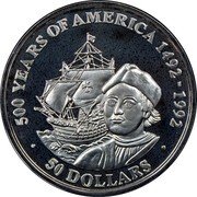 Cook Islands 50 Dollars Italian explorer Columbus and his Ship the Santa Maria 1989 Proof. KM# 47 500 YEARS OF AMERICA 1492-1992 50 DOLLARS coin reverse Cook Islands 50 Dollars Italian explorer Columbus and his Ship the Santa Maria 1989 Proof. KM# 47 500 YEARS OF AMERICA 1492-1992 50 DOLLARS coin reverse