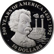 Cook Islands 50 Dollars American writer Samuel Clemens alias Mark Twain 1990 Proof KM# 139 500 YEARS OF AMERICA 1492-1992 50 DOLLARS coin reverse Cook Islands 50 Dollars American writer Samuel Clemens alias Mark Twain 1990 Proof KM# 139 500 YEARS OF AMERICA 1492-1992 50 DOLLARS coin reverse