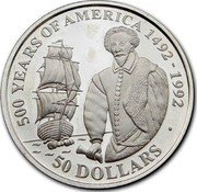 Cook Islands 50 Dollars English explorer Sir Walter Raleigh 1990 Proof KM# 188 500 YEARS OF AMERICA 1492-1992 50 DOLLARS coin reverse Cook Islands 50 Dollars English explorer Sir Walter Raleigh 1990 Proof KM# 188 500 YEARS OF AMERICA 1492-1992 50 DOLLARS coin reverse