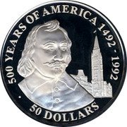 Cook Islands 50 Dollars French navigator Samuel de Champlain 1990 Proof KM# 186 500 YEARS OF AMERICA 1492-1992 50 DOLLARS coin reverse Cook Islands 50 Dollars French navigator Samuel de Champlain 1990 Proof KM# 186 500 YEARS OF AMERICA 1492-1992 50 DOLLARS coin reverse