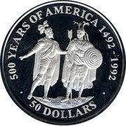 Cook Islands 50 Dollars Elizabeth II Cortez and Montezuma 1990 Proof KM# 185 500 YEARS OF AMERICA 1492-1992 50 DOLLARS coin reverse Cook Islands 50 Dollars Elizabeth II Cortez and Montezuma 1990 Proof KM# 185 500 YEARS OF AMERICA 1492-1992 50 DOLLARS coin reverse